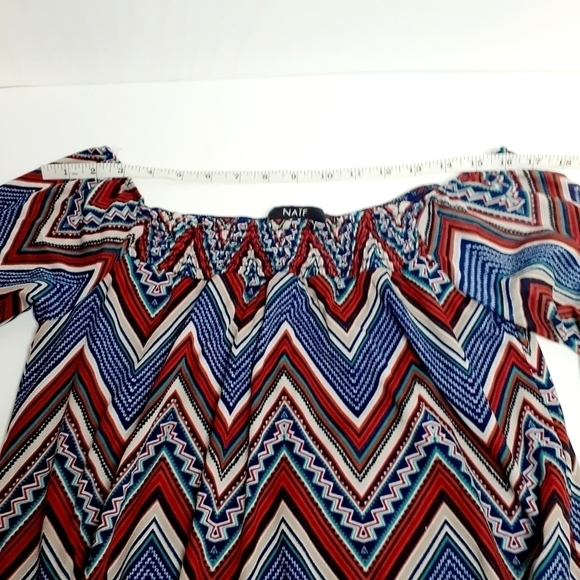 Naif Woman's Chevron Print Flounce Sleeves Smocked Neck Shift Tunic Dress Size S - Picture 12 of 16